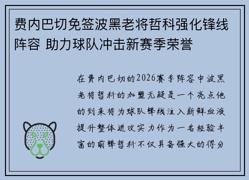 费内巴切免签波黑老将哲科强化锋线阵容 助力球队冲击新赛季荣誉 费内巴切免签波黑老将哲科强化锋线阵容 助力球队冲击新赛季荣誉